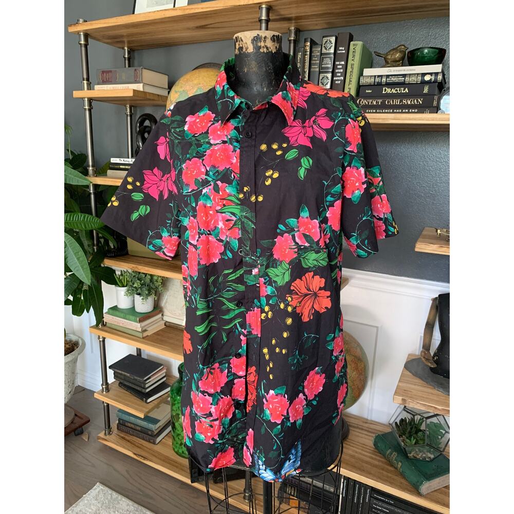 Man's Tropical Shirt, Black with Red Flowers, by Public Supply, Size Medium,